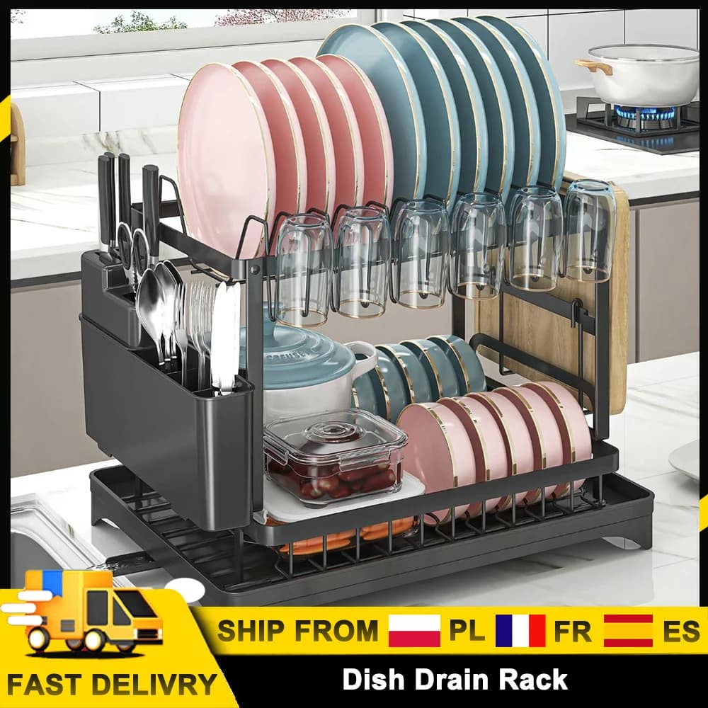 Double-layer Dish Drain Rack Kitchen Countertop Drainer Space Saving Storage Organizer Cups,Bowls,Cutting Boards for 2–3 People