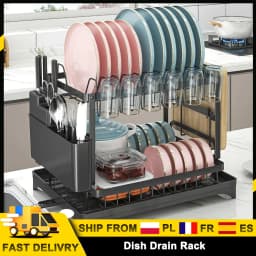 Double-layer Dish Drain Rack Kitchen Countertop Drainer Space Saving Storage Organizer Cups,Bowls,Cutting Boards for 2–3 People