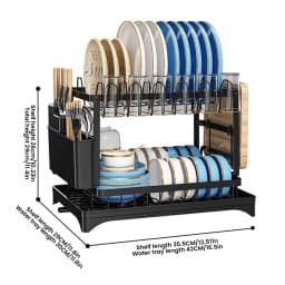 Double-layer Dish Drain Rack Kitchen Countertop Drainer Space Saving Storage Organizer Cups,Bowls,Cutting Boards for 2–3 People