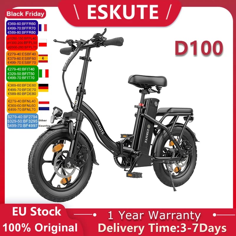 ESKUTE D100 Electric Bike 250W Motor 36V13Ah Removable Lithium Battery Electric Bicycle 16 Inch Tire Folding City Adult E-Bike