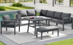 Handwoven L-shaped garden sofa for up to 8 people / Sturdy iron frame with grey cushions / Includes 1 table with marble