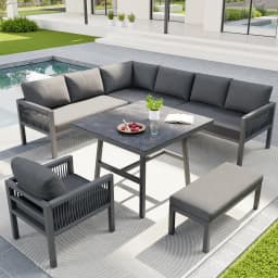 Handwoven L-shaped garden sofa for up to 8 people / Sturdy iron frame with grey cushions / Includes 1 table with marble