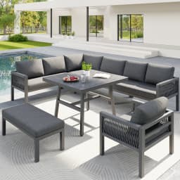 Handwoven L-shaped garden sofa for up to 8 people / Sturdy iron frame with grey cushions / Includes 1 table with marble