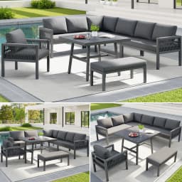 Handwoven L-shaped garden sofa for up to 8 people / Sturdy iron frame with grey cushions / Includes 1 table with marble