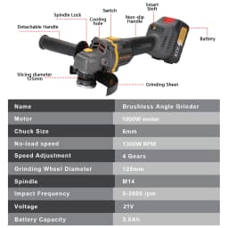 1000W 125MM Brushless Electric Angle GrinderCutting Machine Woodworking Power Tool For Makita 18V Battery #20