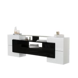 200cm White TV Cabinet, Low panel. High Gloss White and Black, LED Lighting, Living Room Furniture, Modern Design, Glass Surface