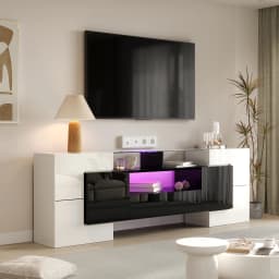 200cm White TV Cabinet, Low panel. High Gloss White and Black, LED Lighting, Living Room Furniture, Modern Design, Glass Surface