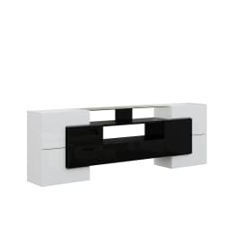 200cm White TV Cabinet, Low panel. High Gloss White and Black, LED Lighting, Living Room Furniture, Modern Design, Glass Surface