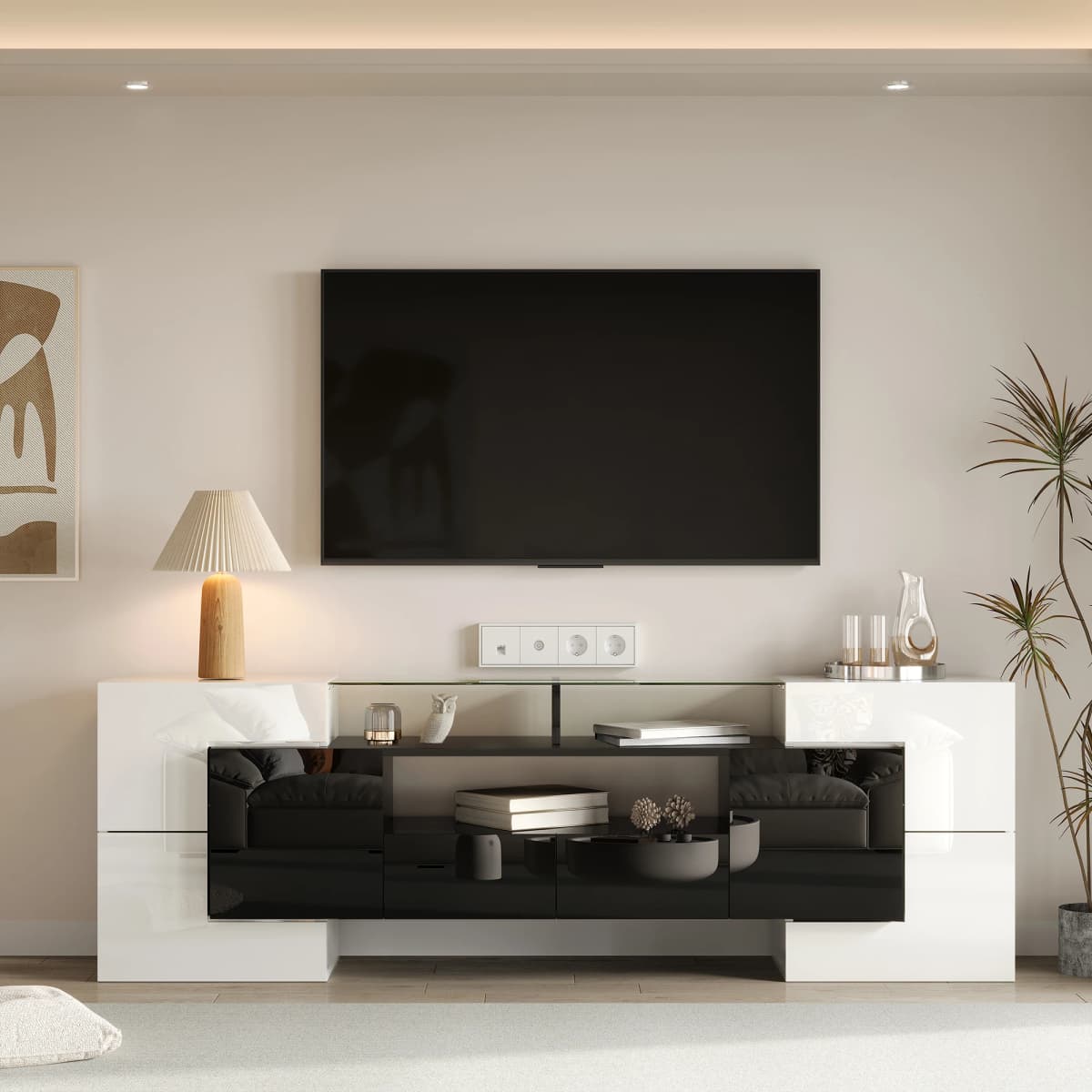 200cm White TV Cabinet, Low panel. High Gloss White and Black, LED Lighting, Living Room Furniture, Modern Design, Glass Surface
