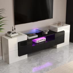 200cm White TV Cabinet, Low panel. High Gloss White and Black, LED Lighting, Living Room Furniture, Modern Design, Glass Surface