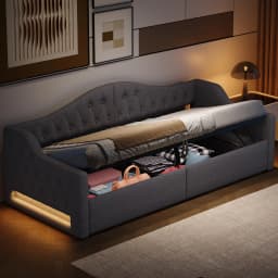Gray Upholstered 90x200cm Daybed with LED Belt & Storage Space Underneath, MDF + Plywood, Stable Construction, Easy Assembly