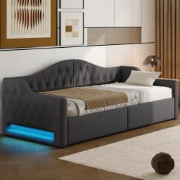 Gray Upholstered 90x200cm Daybed with LED Belt & Storage Space Underneath, MDF + Plywood, Stable Construction, Easy Assembly