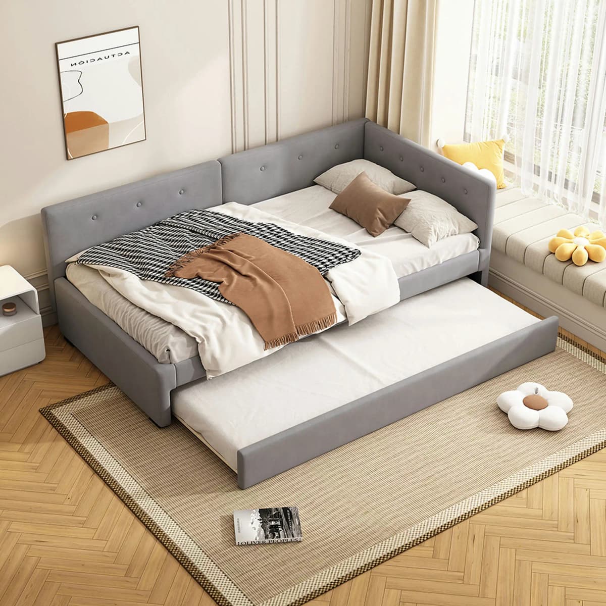 KOMHTOM Sofa Bed Frame 90x200cm, Daybed with rollaway bed, Single Bed with Pull-out bed and Backrest, without mattress, grey