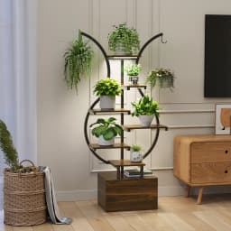 Rosahqnda Plant Stands with Glowing Lights,Creative Iron Indoor Outdoor Plants Stand,Multi-tier metal Frame & wood flower stand
