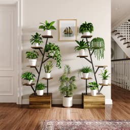 Rosahqnda Plant Stands with Glowing Lights,Creative Iron Indoor Outdoor Plants Stand,Multi-tier metal Frame & wood flower stand