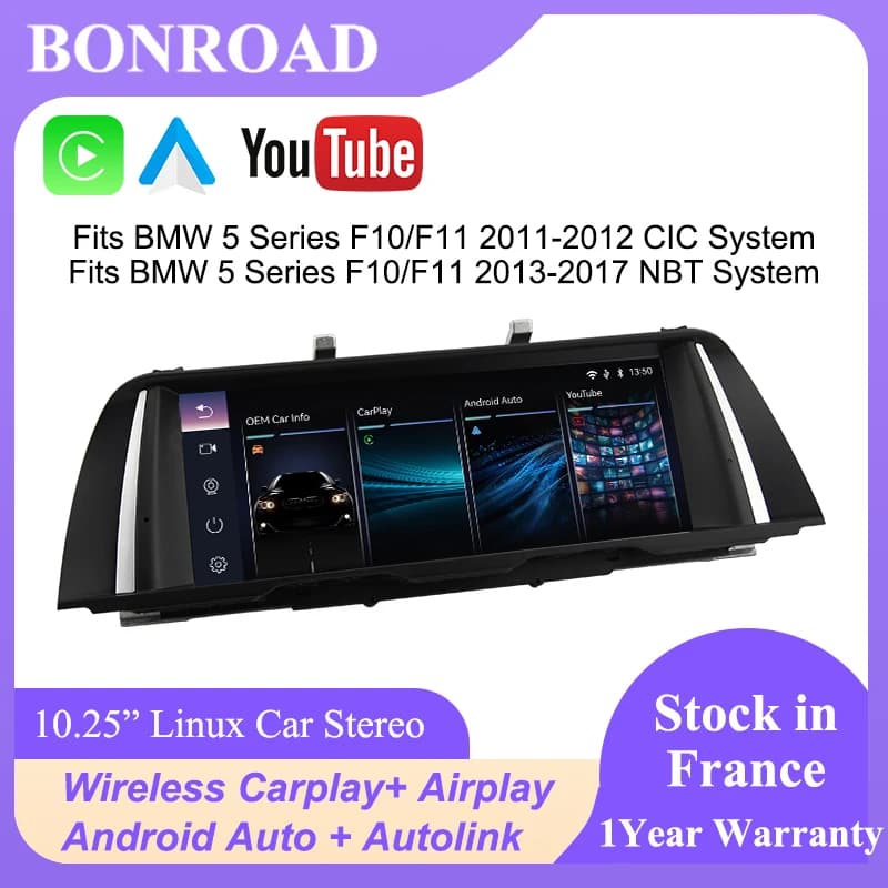Bonroad Linux multimedia touch screen for BMW Series 5 F10 F11 CIC system NBT 2011-2017 Carplay without thread Android Auto Car Radio