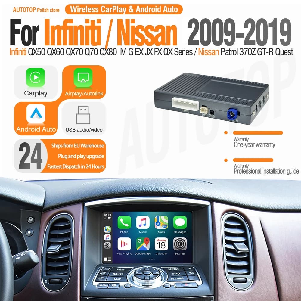 AUTOTOP Wireless CarPlay Android Auto Interface for Infiniti QX50 QX60 QX70 QX80 FX37 FX50 JX35 M25 M37 Mirror Link AirPlay GPS