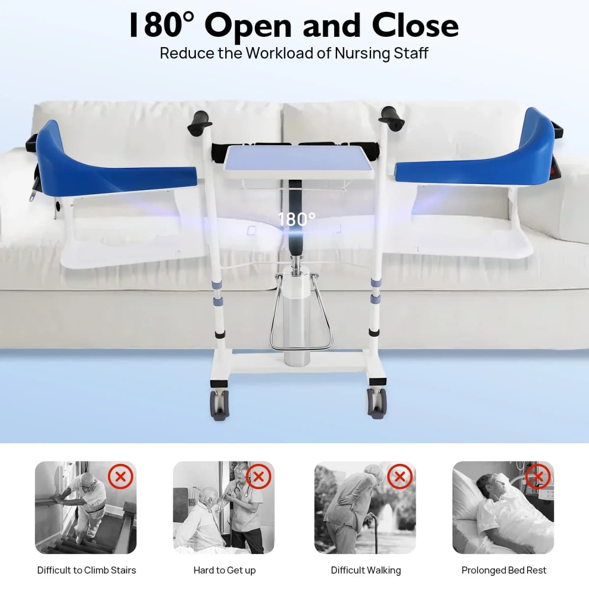 NEWEST Hydraulic Patient Lift Wheelchair with Commode, Adjustable Height Transfer Chair for Seniors and Disabled (220 lbs), Blue