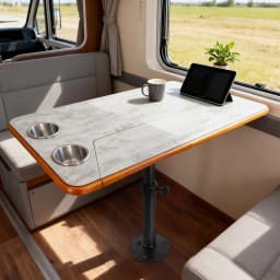 Boat Pontoon Table,80*40CM Removable RV Table with Pedestal Leg, 2 Cup Holders, 46-70CM Adjustable Height, for Caravan RV Marine
