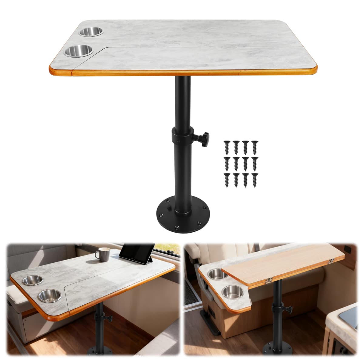 Boat Pontoon Table,80*40CM Removable RV Table with Pedestal Leg, 2 Cup Holders, 46-70CM Adjustable Height, for Caravan RV Marine