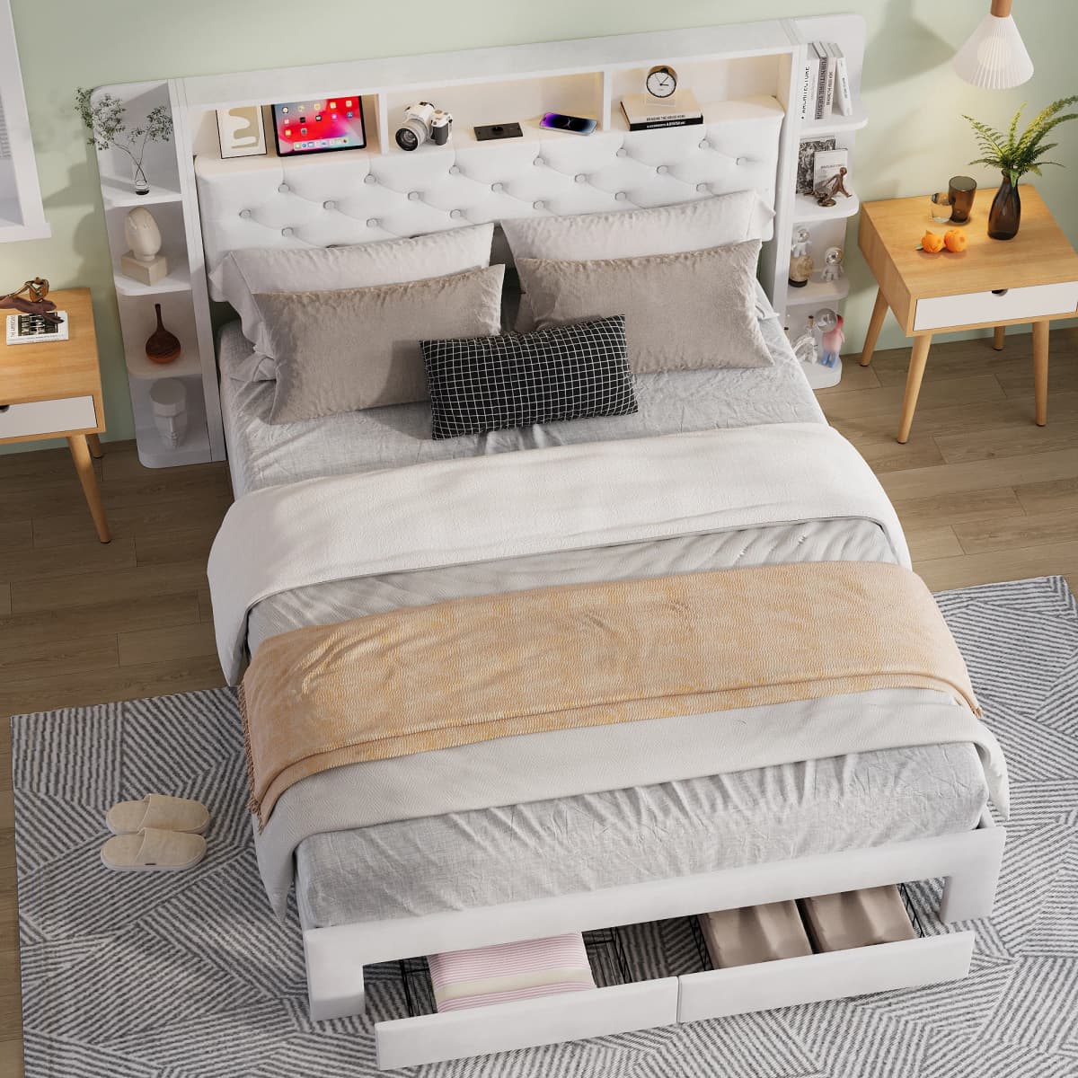 Anajqaqia 160 x 200 cm Upholstered Bed,Headboard with Storage and USB and Type-C Ports,2 Drawers,Double Bed,Velvet,White