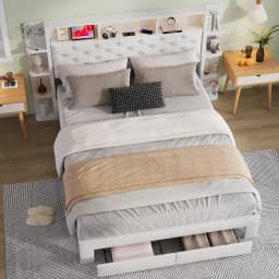 Anajqaqia 160 x 200 cm Upholstered Bed,Headboard with Storage and USB and Type-C Ports,2 Drawers,Double Bed,Velvet,White