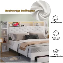 Anajqaqia 160 x 200 cm Upholstered Bed,Headboard with Storage and USB and Type-C Ports,2 Drawers,Double Bed,Velvet,White