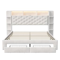 Anajqaqia 160 x 200 cm Upholstered Bed,Headboard with Storage and USB and Type-C Ports,2 Drawers,Double Bed,Velvet,White