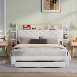 Anajqaqia 160 x 200 cm Upholstered Bed,Headboard with Storage and USB and Type-C Ports,2 Drawers,Double Bed,Velvet,White