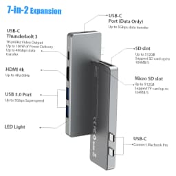 dodocool 7 in 2 Aluminum Alloy USB-C Hub Adaptor with 2 Thunderbolt 3 connectors USB Type-C PD Port USB-C Data Transfer Port 4K