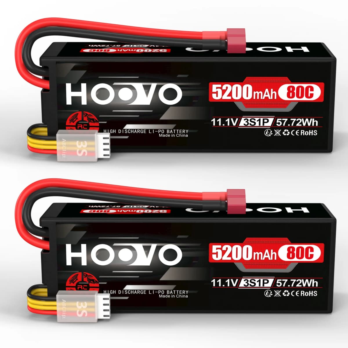 HOOVO 5200 mAh Lipo Battery 3S 11.1 V 80C Hard Case RC Lipo Battery with T Plug RC Battery for RC Car Heli Plane Boat 2Pcs