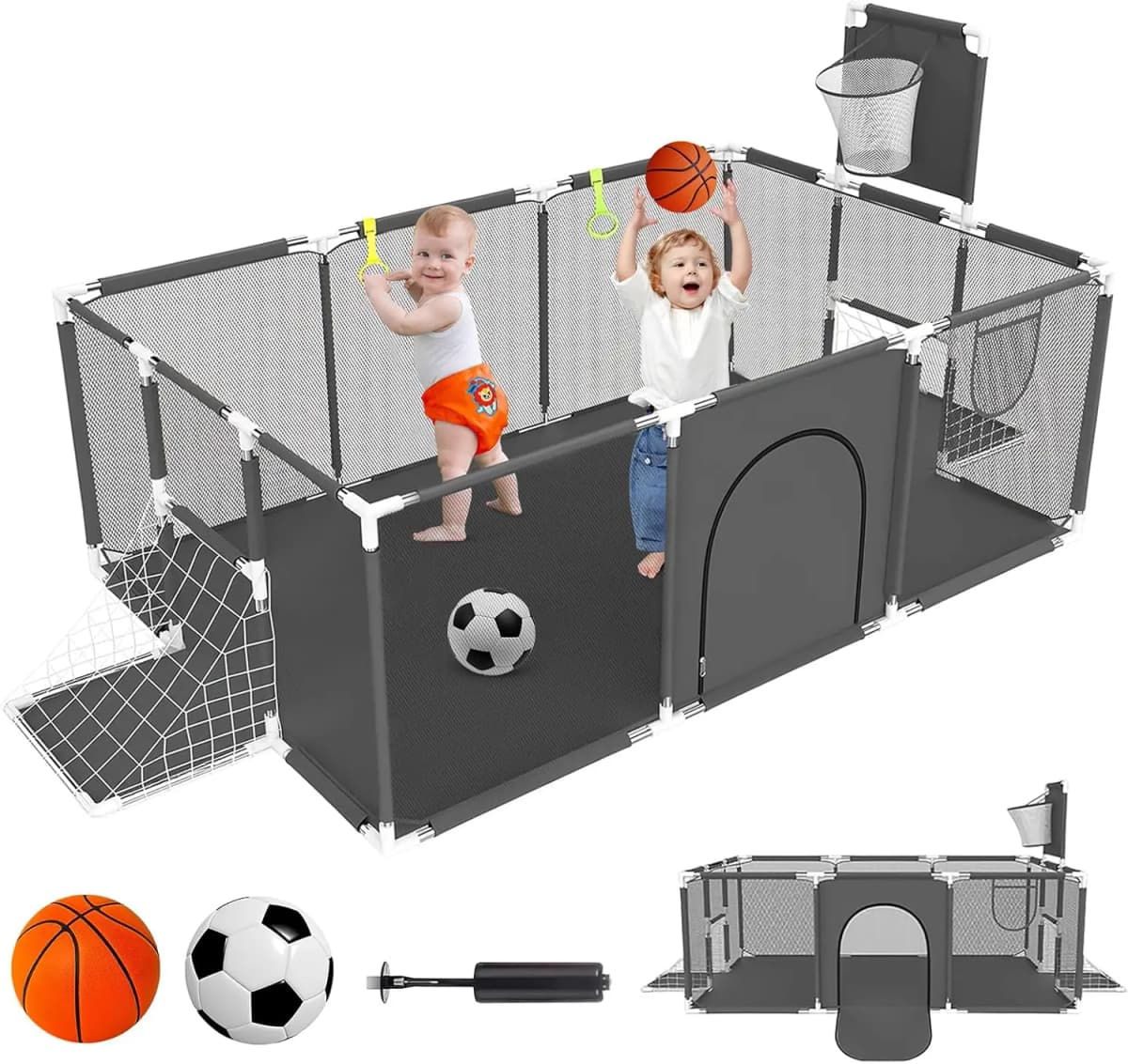 Baby Playpen with Breathable Net, with Basketball Basket and Football Frame, Foldable Activity Centre For Baby, 182 x 122 cm