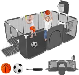 Baby Playpen with Breathable Net, with Basketball Basket and Football Frame, Foldable Activity Centre For Baby, 182 x 122 cm