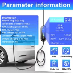 Teschev Portable EV Charger Type2 IEC 62196 Electric Car Charger 3.5KW 16A 1Phase EVSE Fast Charging Wallbox EV Charging Station