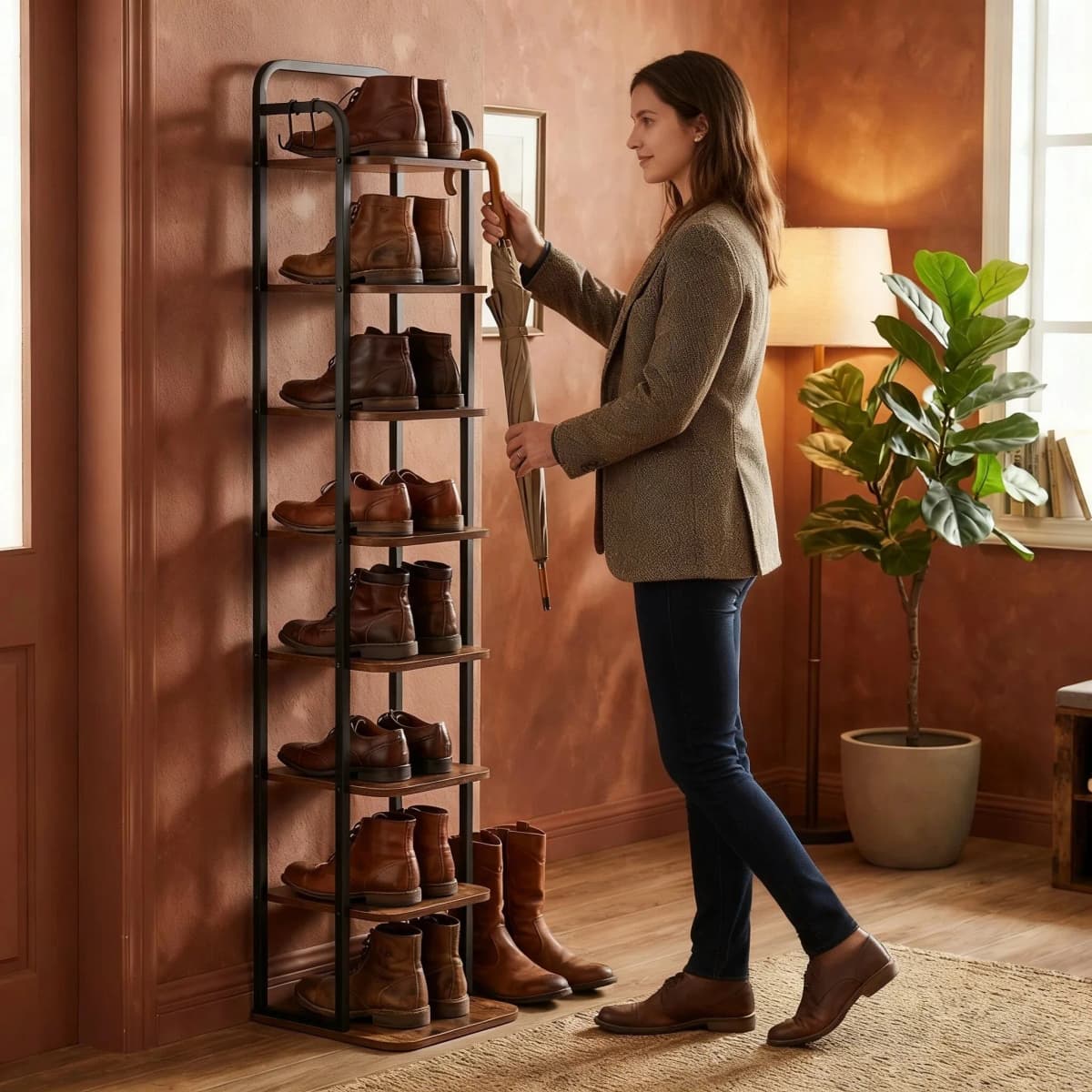 Vertical Shoe Rack, Shoe Shelves, Wood Shoe Organizer for Closet, Entryway, Shoe Tower for Small Spaces, Free Standing