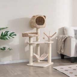 Cat Tree 121 CM in Sledge Rod, 4 Levels, with Platforms, Balls and Hanging Hammock for Cats and Kittens, Brown and Beige