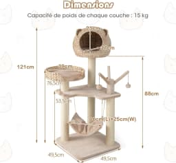 Cat Tree 121 CM in Sledge Rod, 4 Levels, with Platforms, Balls and Hanging Hammock for Cats and Kittens, Brown and Beige