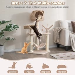 Cat Tree 121 CM in Sledge Rod, 4 Levels, with Platforms, Balls and Hanging Hammock for Cats and Kittens, Brown and Beige