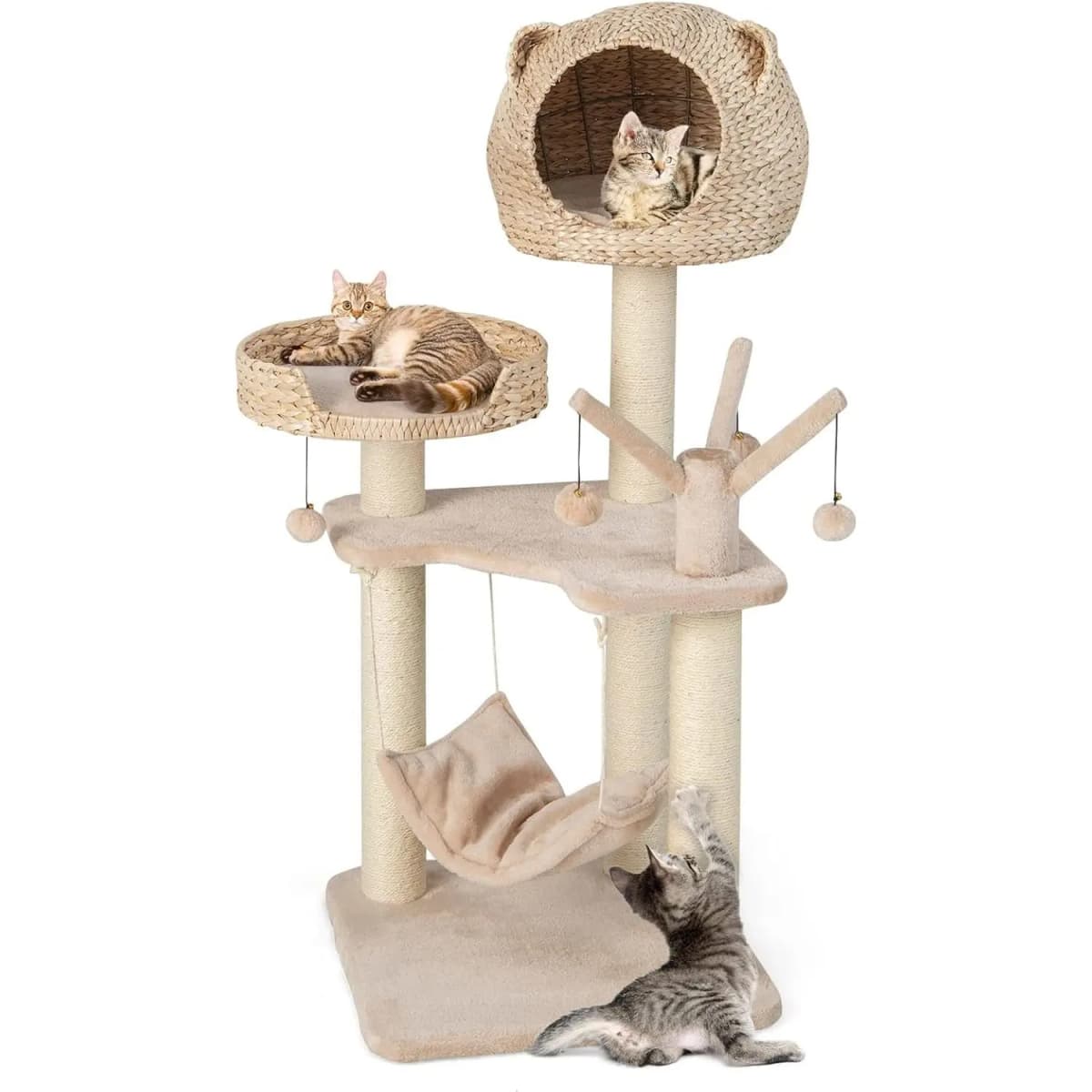 Cat Tree 121 CM in Sledge Rod, 4 Levels, with Platforms, Balls and Hanging Hammock for Cats and Kittens, Brown and Beige