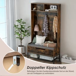 Coat rack with bench seat, 4 in 1 wardrobe with open compartments, shoe cabinet & 3 hooks, dresses stand with seat cushion