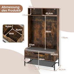 Coat rack with bench seat, 4 in 1 wardrobe with open compartments, shoe cabinet & 3 hooks, dresses stand with seat cushion