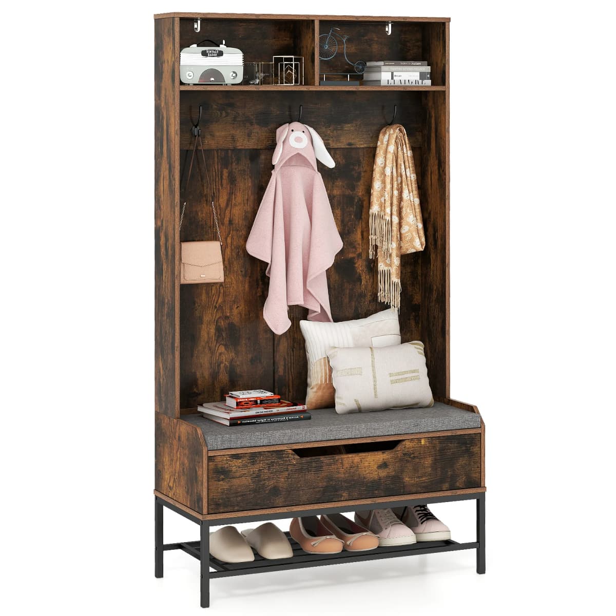 Coat rack with bench seat, 4 in 1 wardrobe with open compartments, shoe cabinet & 3 hooks, dresses stand with seat cushion