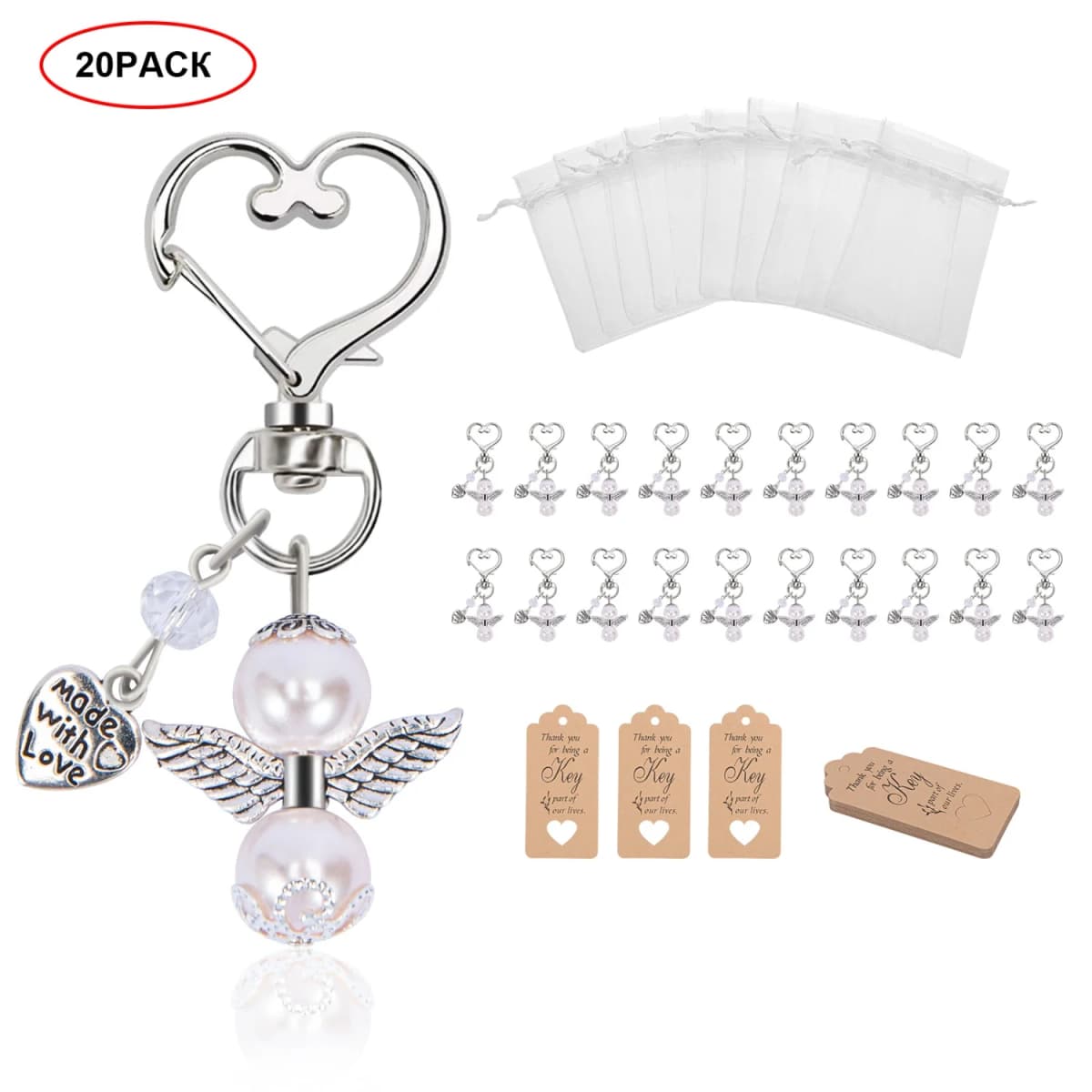 20 Sets Angel Pendant Keychain White Organza Gift Bags Thank You Tags for Wedding Decorations Favors Souvenir Keychain Gift Set
