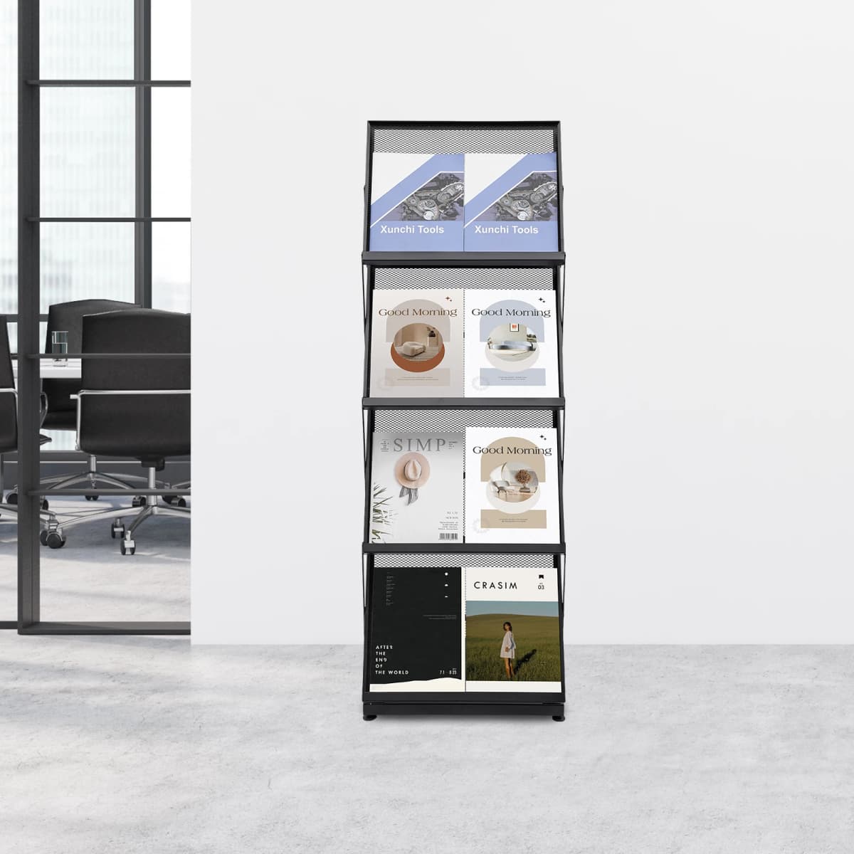 4-Tier Brochure Display Rack Floor Standing Foldable Magazine Stand Modern Iron A3 Book Shelf Black Grid style