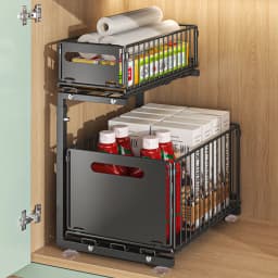 Slide-Out Storage Rack Cabinet Pull-Out Storage Basket Height Adjustable Kitchen Storage Rack 2 Tier Spice Rack Cutlery Rack