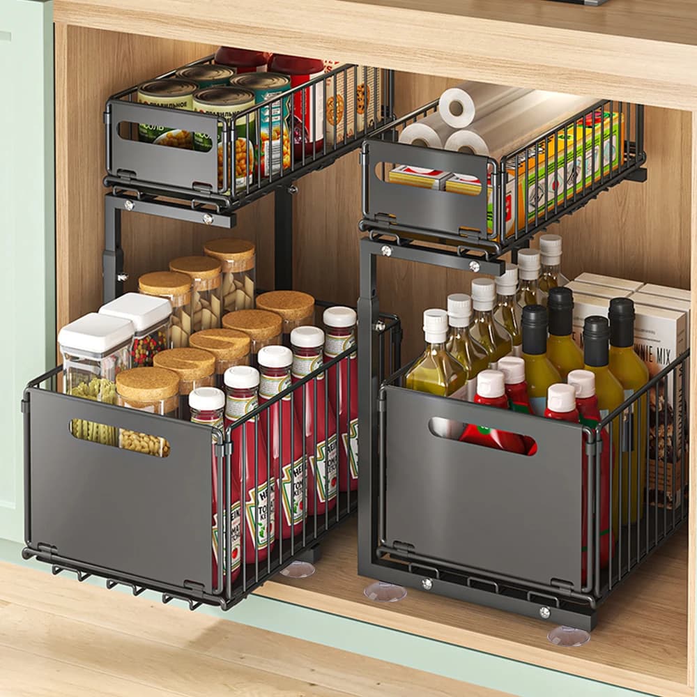 Slide-Out Storage Rack Cabinet Pull-Out Storage Basket Height Adjustable Kitchen Storage Rack 2 Tier Spice Rack Cutlery Rack