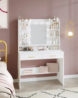 Dressing Table with Mirror, Dressing Table with Shelves and 2 Drawers, for Bedroom, Living Room, Adjustable Brightness, White