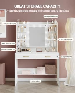 Dressing Table with Mirror, Dressing Table with Shelves and 2 Drawers, for Bedroom, Living Room, Adjustable Brightness, White