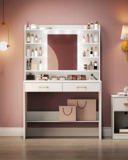 Dressing Table with Mirror, Dressing Table with Shelves and 2 Drawers, for Bedroom, Living Room, Adjustable Brightness, White