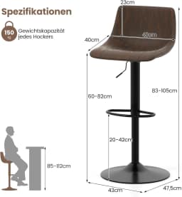 Set of 2 Bar Stools, Bar Chairs 60-82 cm Height Adjustable, Swivel Stool with Backrest & Footrest